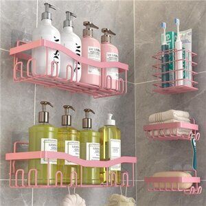 Adhesive Shower Caddy Set Rustproof No Drilling Bathroom Organizer Soap Toothbru